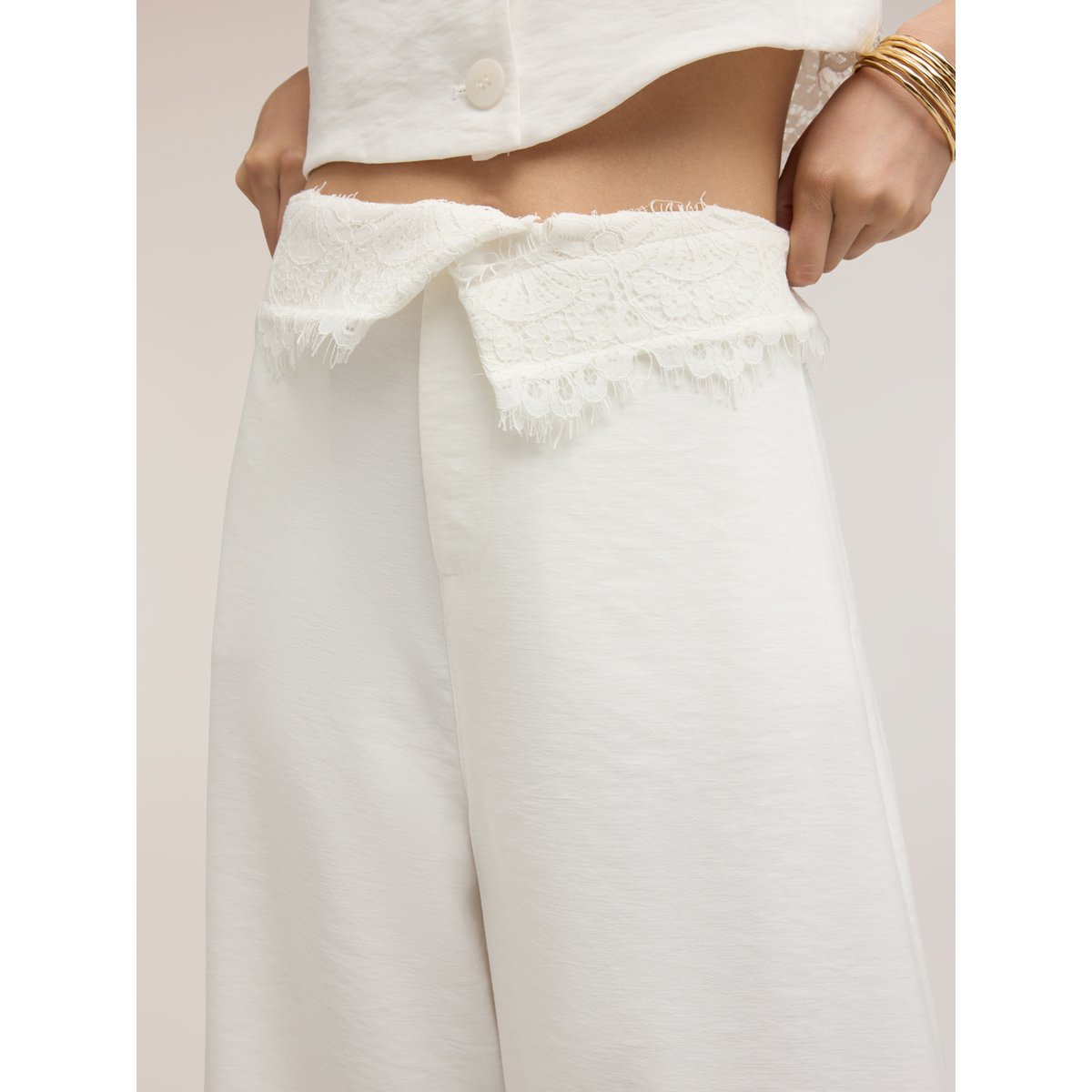 Pantalon palazzo avec détail en dentelle blanc, MOTIVI