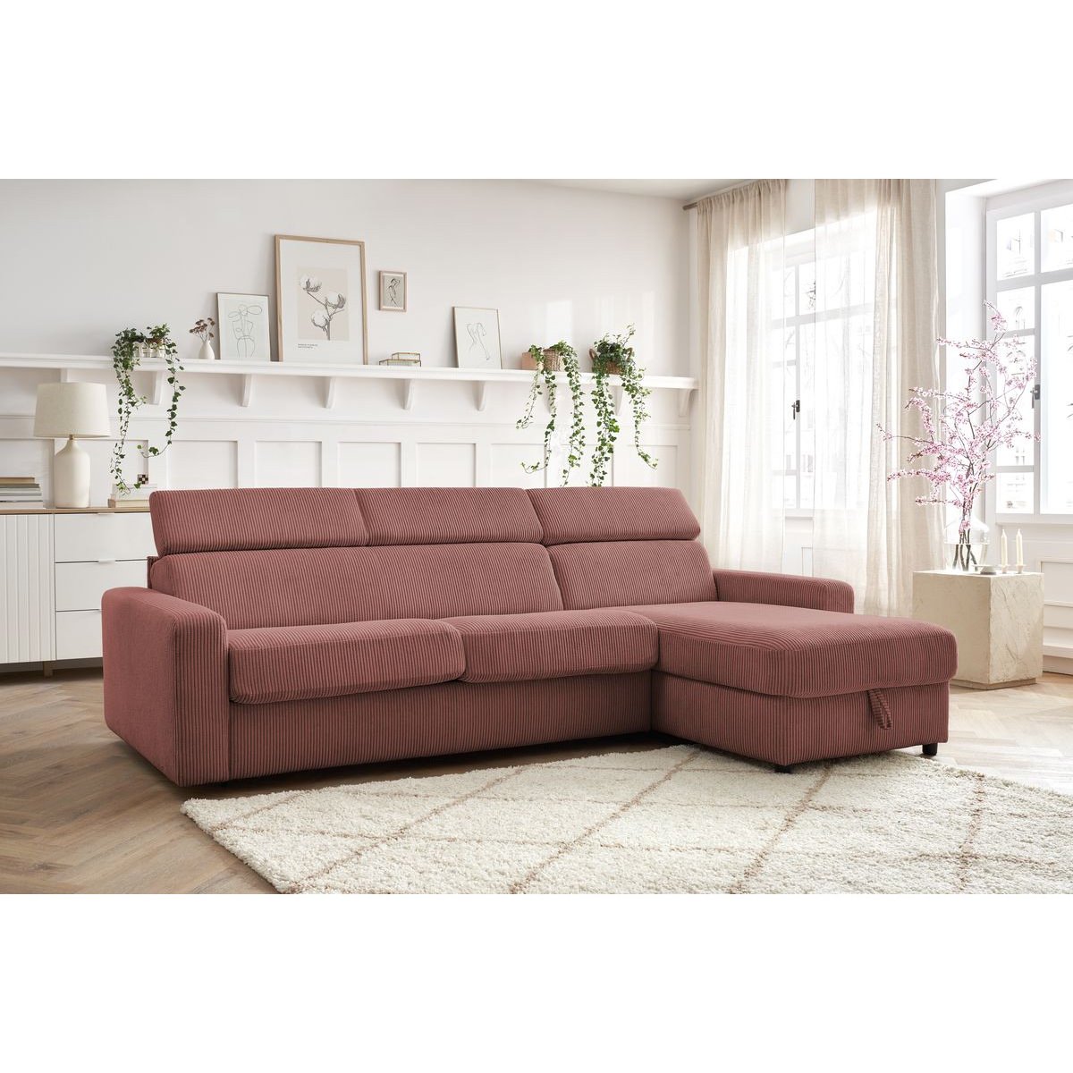 Canapé d'angle convertible 4 places en velours côtelé couchage 140x190 cm, MONACO rose, BOBOCHIC
