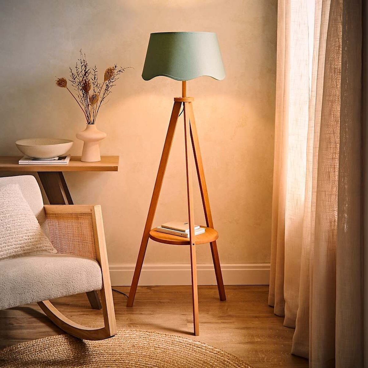 Morrina Wooden Shelf Floor Lamp with Scalloped Shade green, SO'HOME