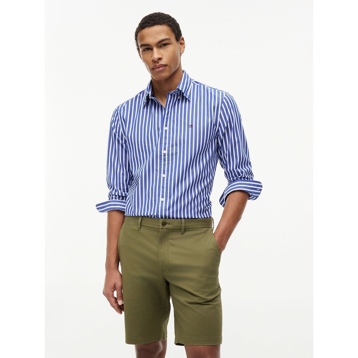 Camisa de mangas compridas em popelina azul às riscas, TOMMY HILFIGER