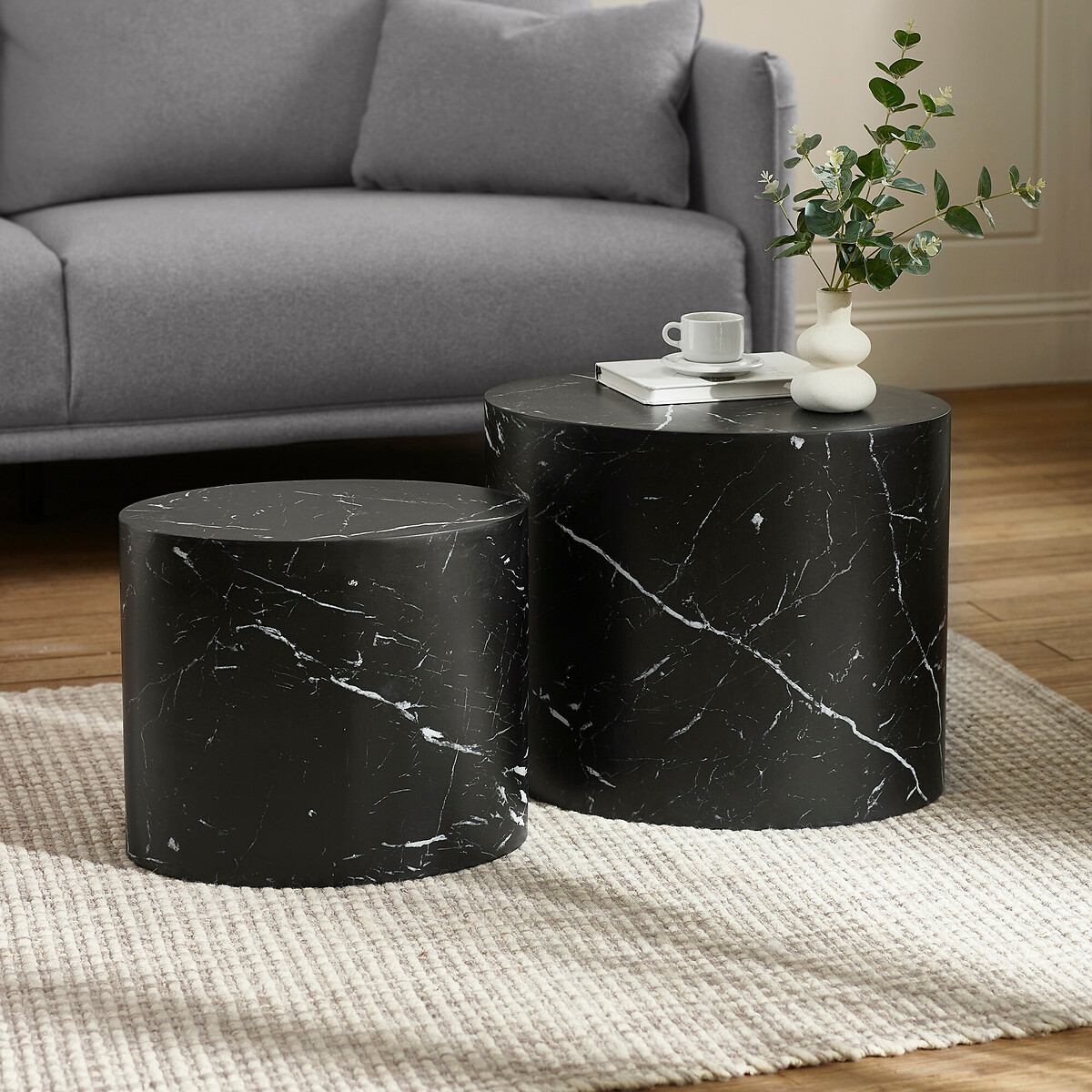 Tova Marble Effect Nesting Drum Side Tables (Set of 2) black marble, SO'HOME