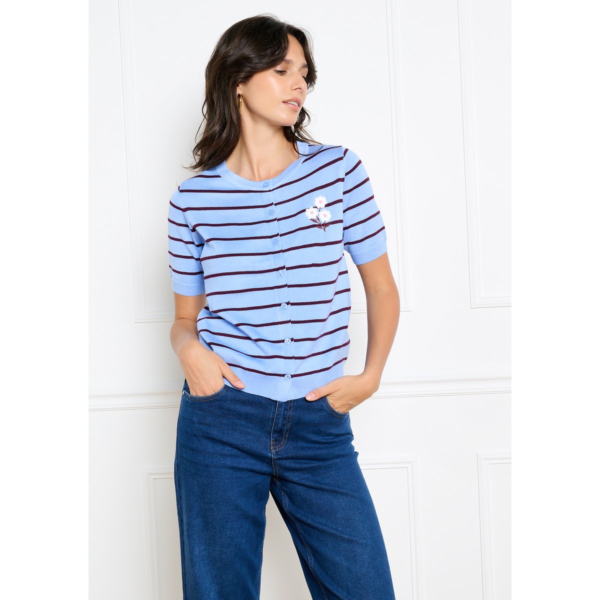 Cardigan rayé brodé bleu clair, LOLALIZA
