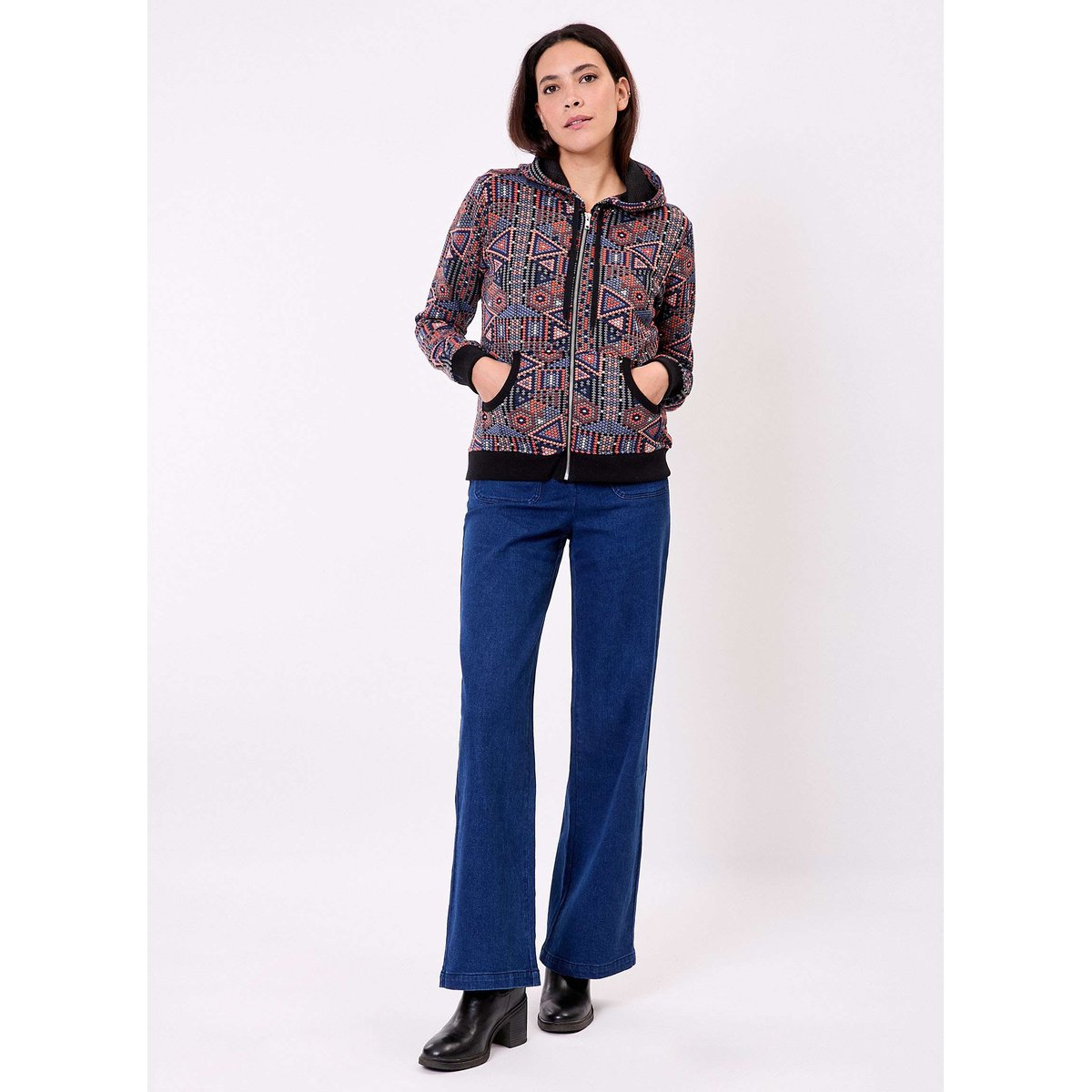 Sweat zippé maille jacquard YUMI bleu orange, LA FIANCÉE
