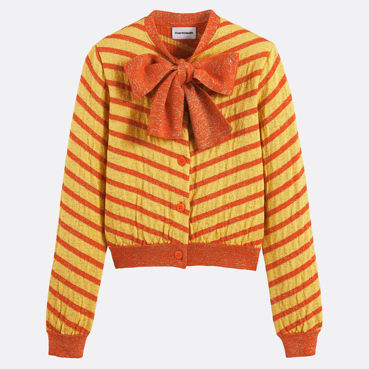 Gilet lavallière, en laine mérinos et fibres métallisées rayé orange, BLANCHEMAILLE