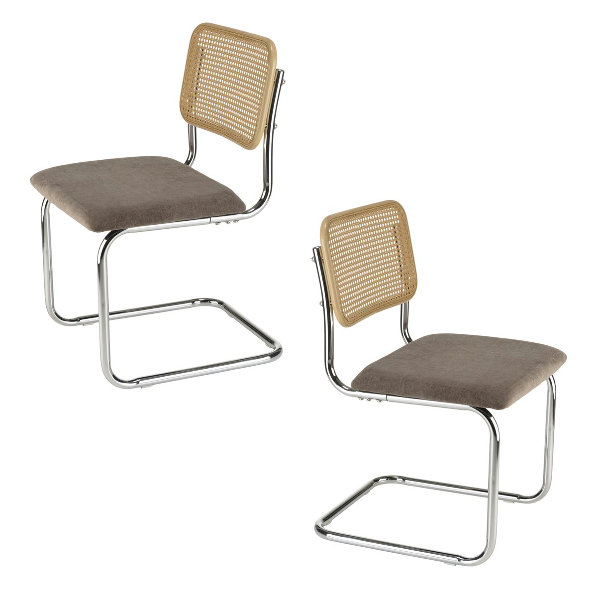 Chaise métal chromé assise velours taupe dossier rotin (lot de 2) LOANO taupe, PIER IMPORT