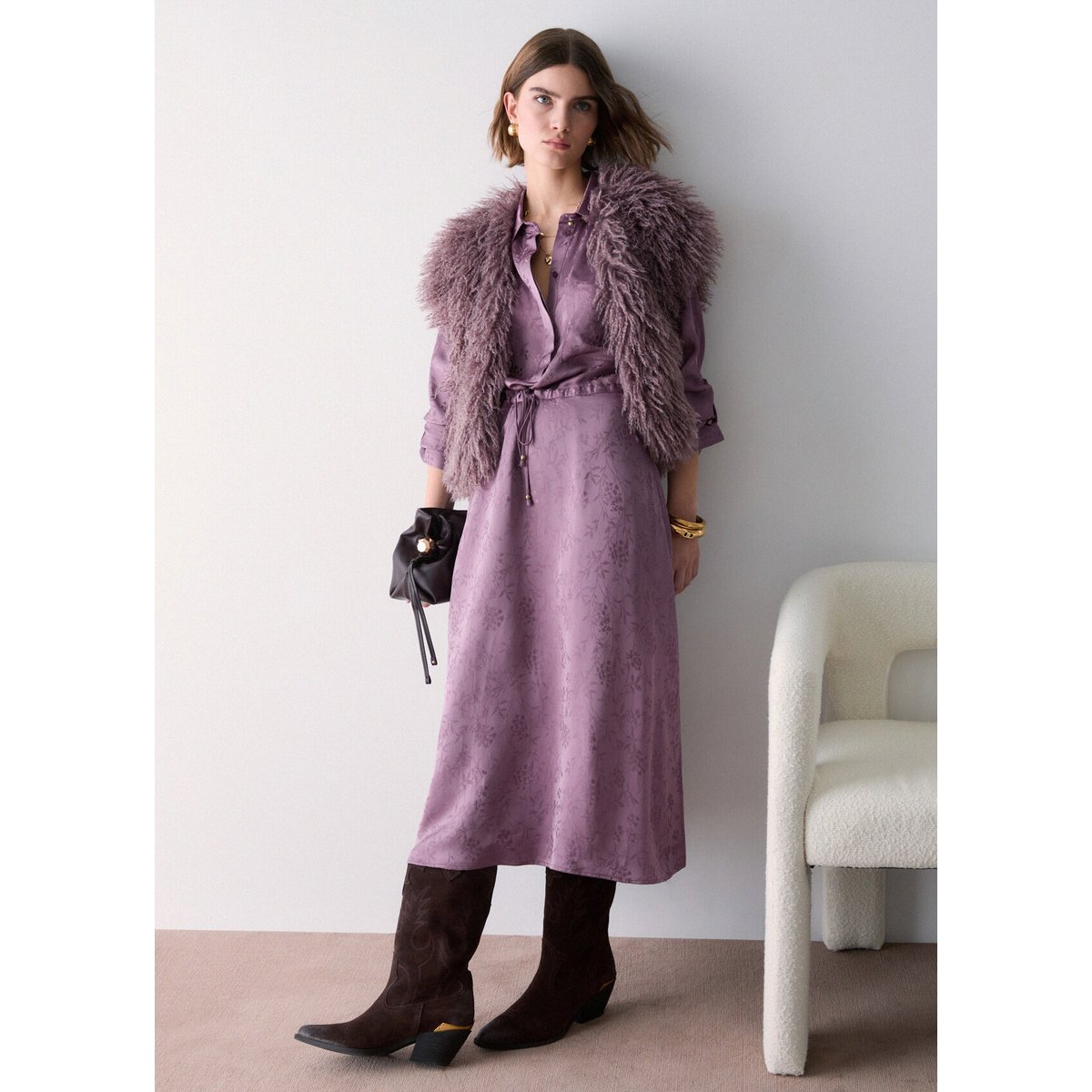 Robe midi en satin jacquard rose, LIU JO