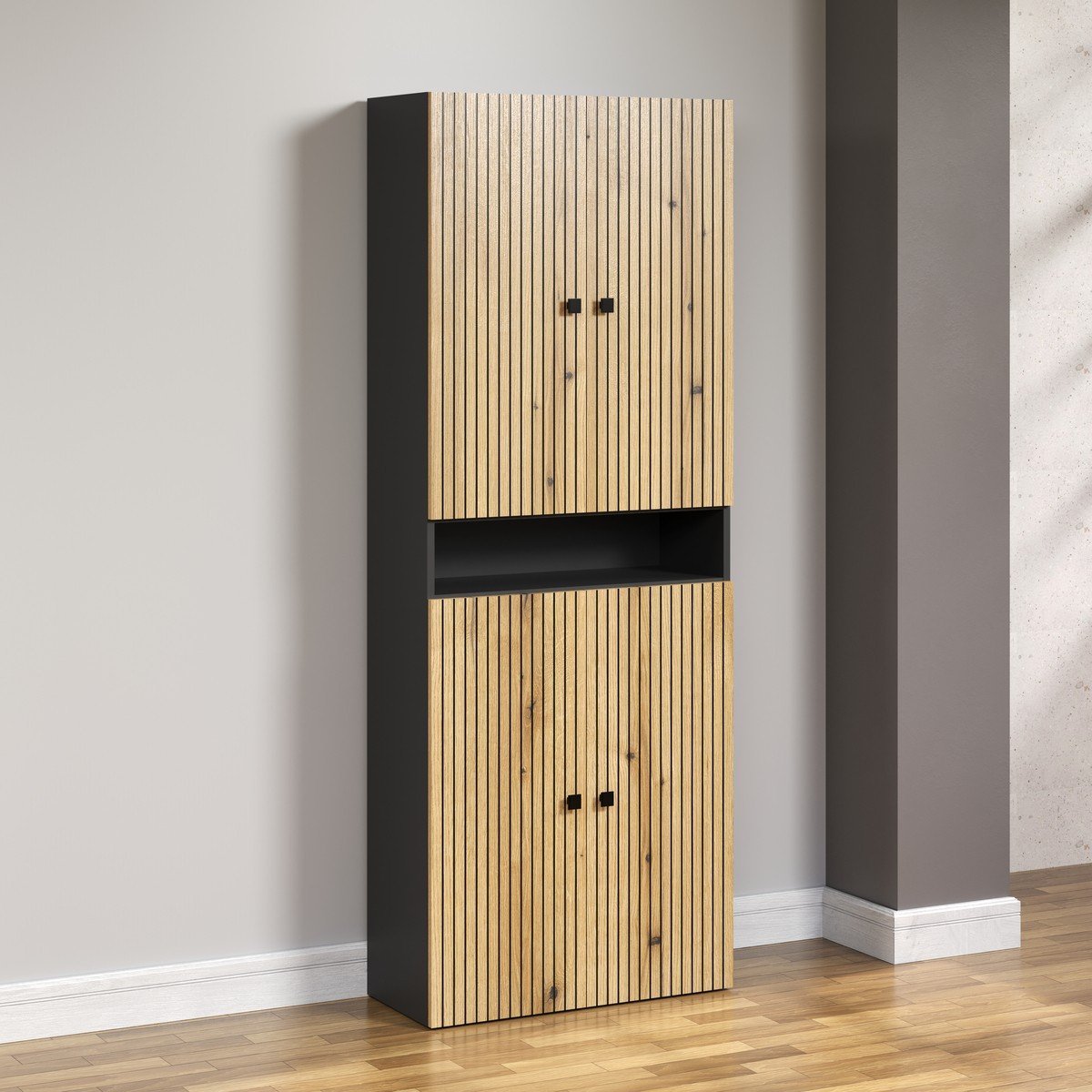 Double colonne de salle de bain rainurée 4 portes et 1 niche L70 cm -PUREBLISS chêne blond/ gris anthracite/ noir, CALICOSY