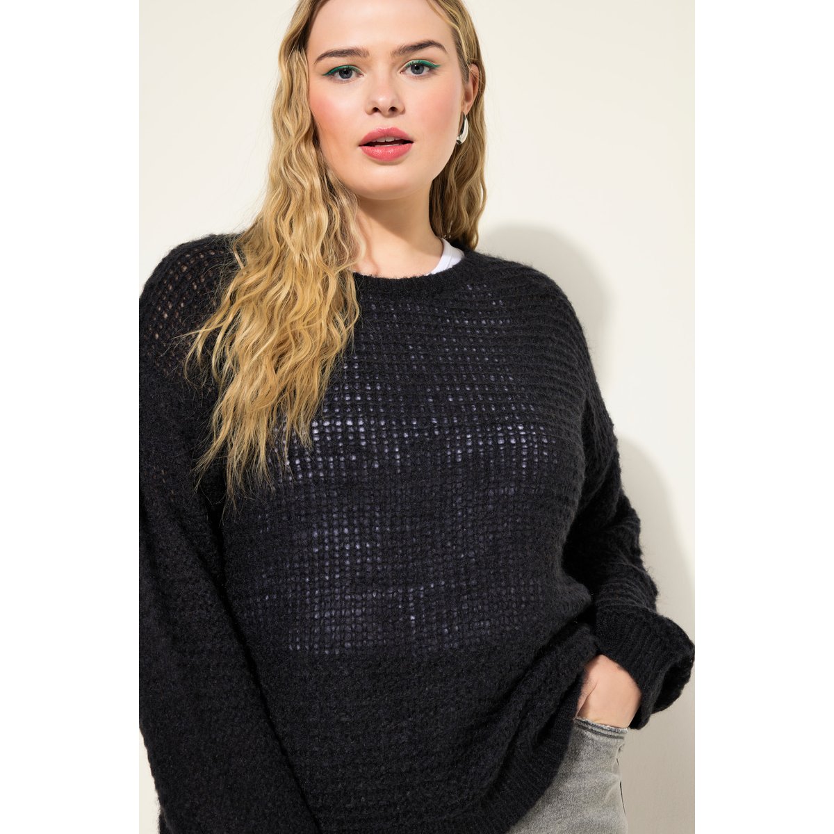 Pull coupe Boxy Shape en maille ajourée noir, STUDIO UNTOLD
