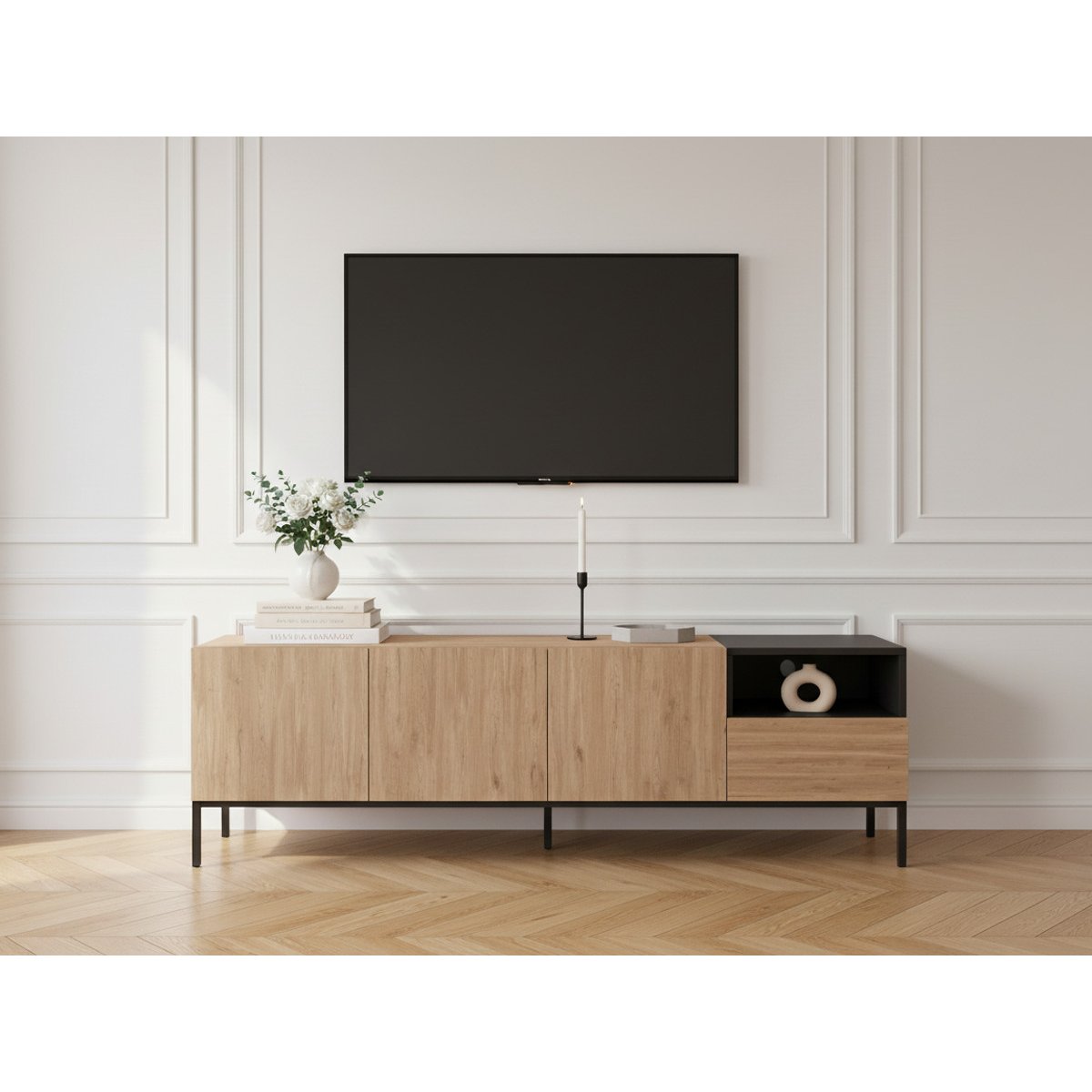 Meuble TV 180 cm panneaux de particules, CECILIA marron clair, BOBOCHIC
