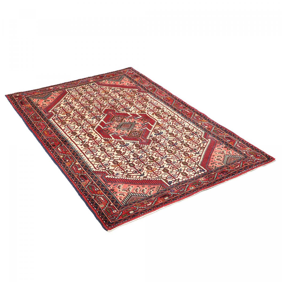 Tapis d'orient au motif oriental, noué main en laine naturelle rouge, crème, bleu, UN AMOUR DE TAPIS