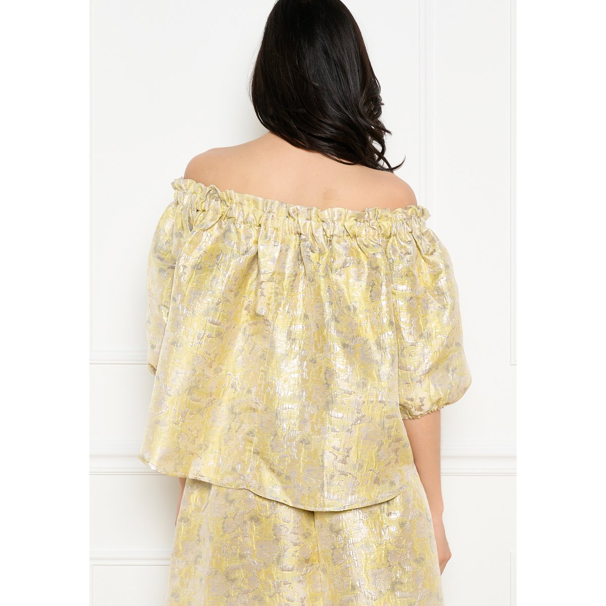 Blouse épaules dénudées jacquard jaune pastel, LOLALIZA