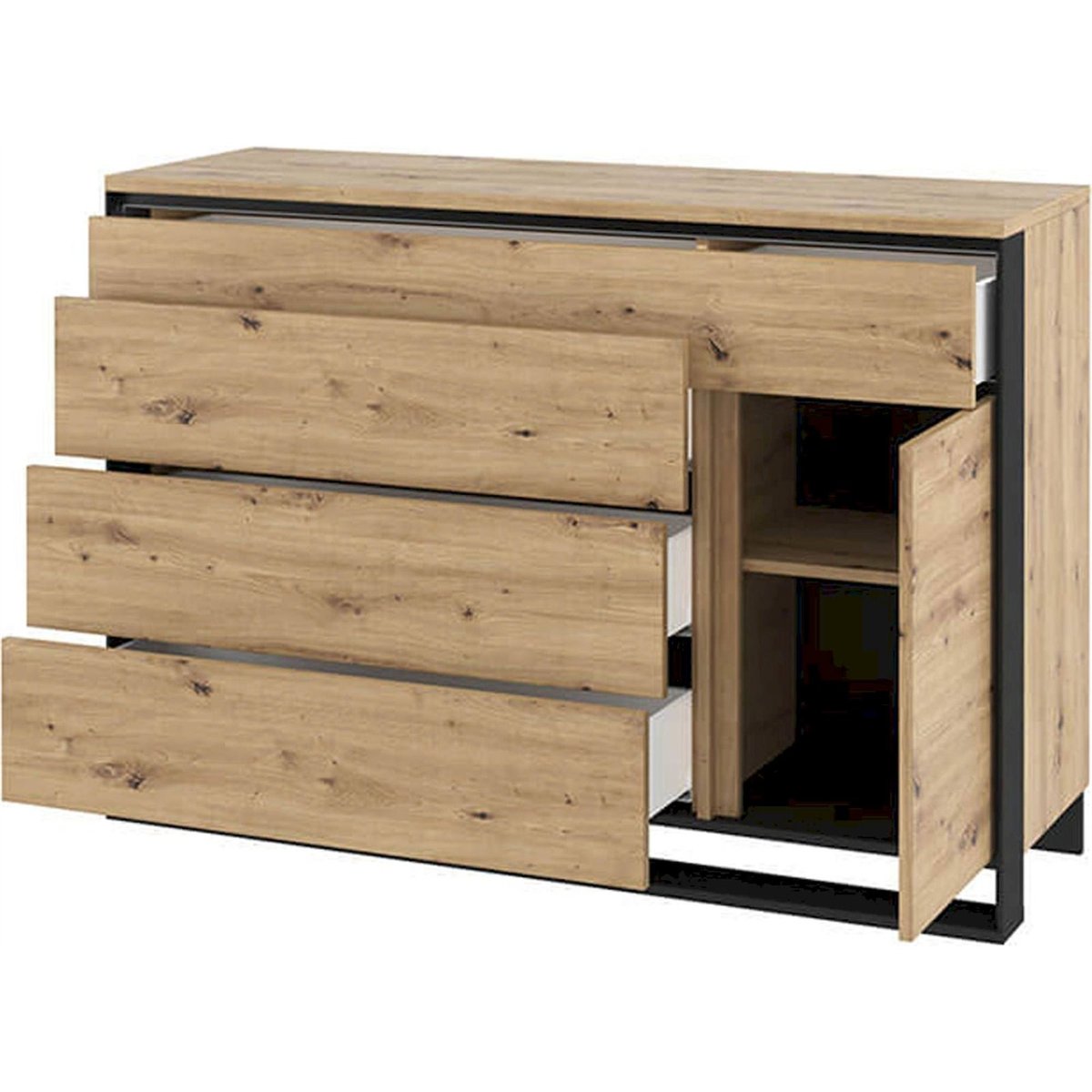 Commode QUANT en bois avec quatre tiroirs chêne artisan et noir profond, RECOLLECTION