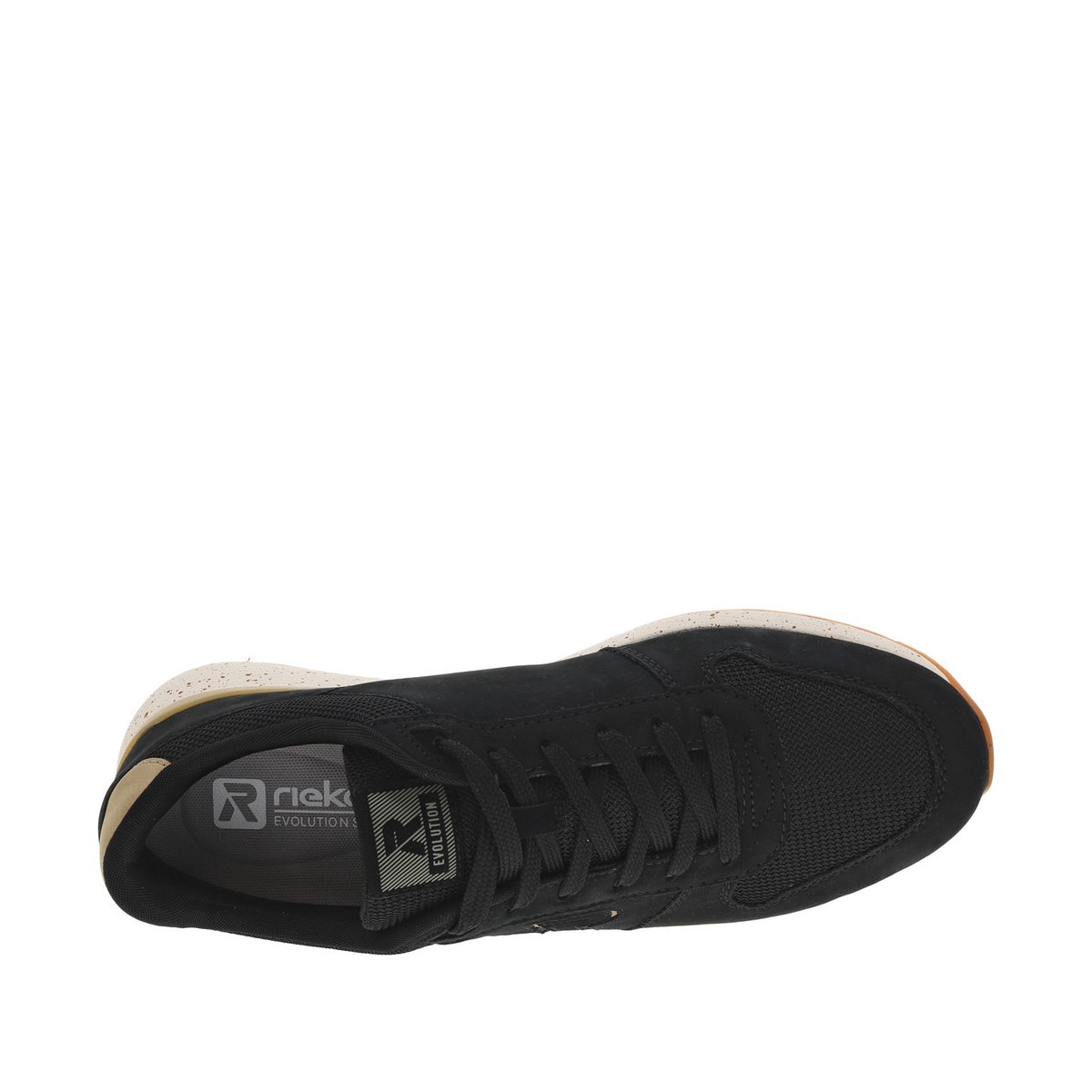 Sneakers running aspect nubuck et nylon noir à semelle écrue épaisse et moucheté, talon renforcé noire, RIEKER