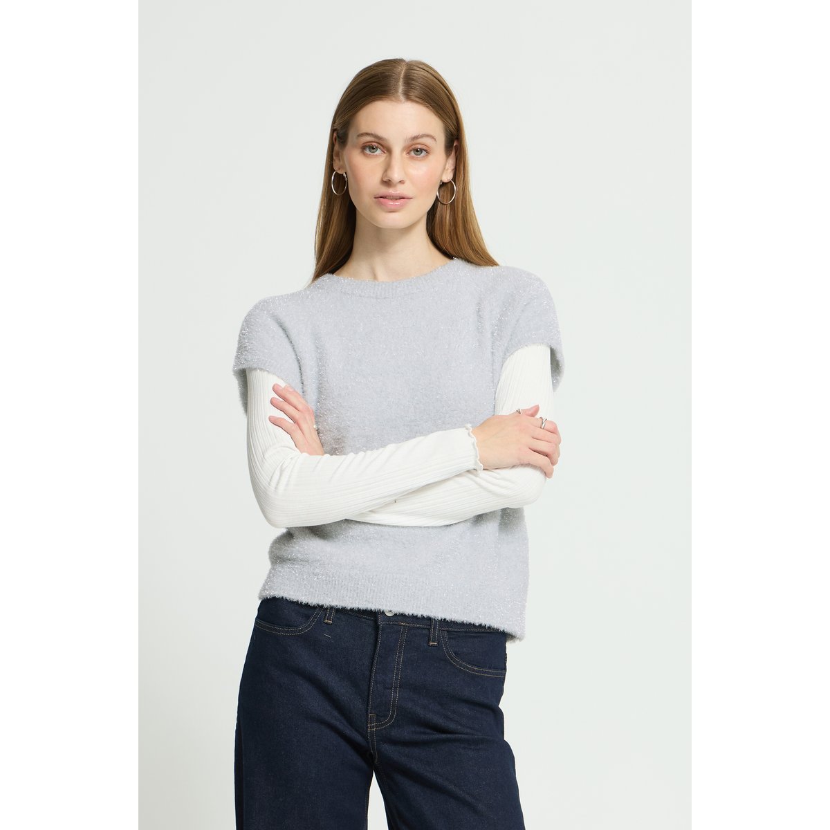 Pull en maille manches courtes blanc cloud dancer, ICHI