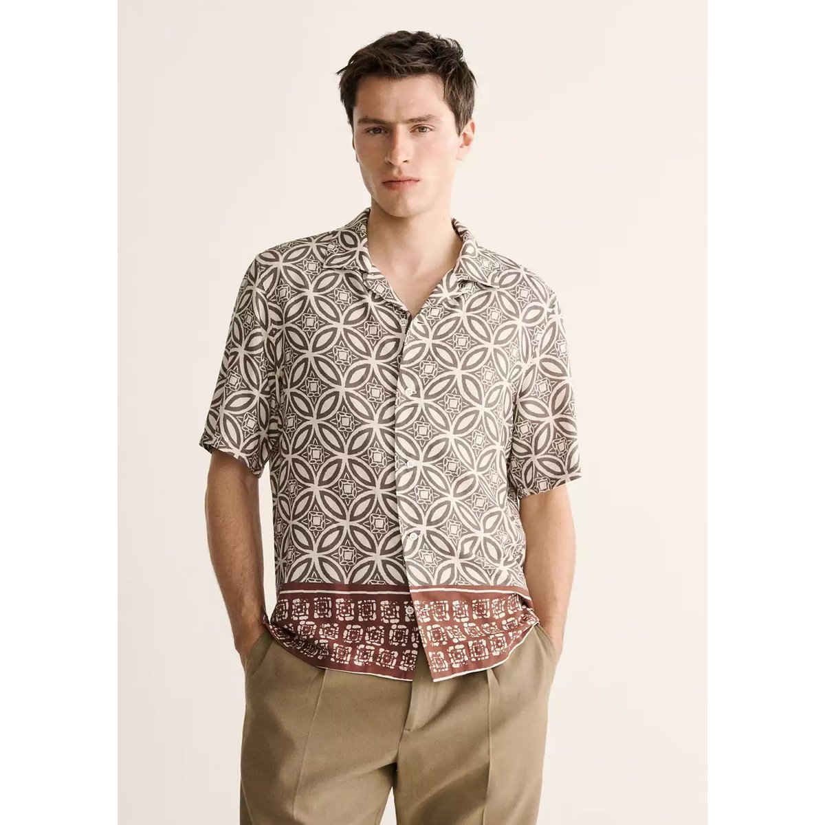 Chemise imprimée col bowling kaki, MANGO MAN