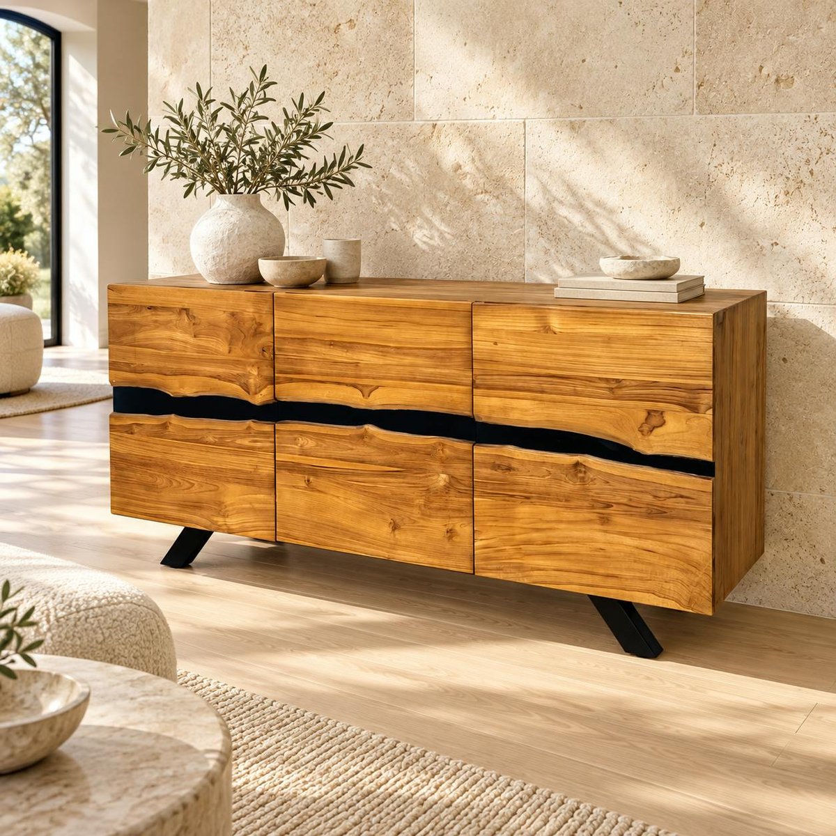 Buffet moderne bois recyclé teck laque noire BARBADE bois naturel, PIER IMPORT