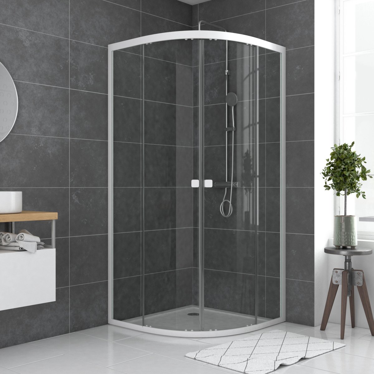 Porte de douche quart de cercle en verre trempé blanc, HOME MAISON