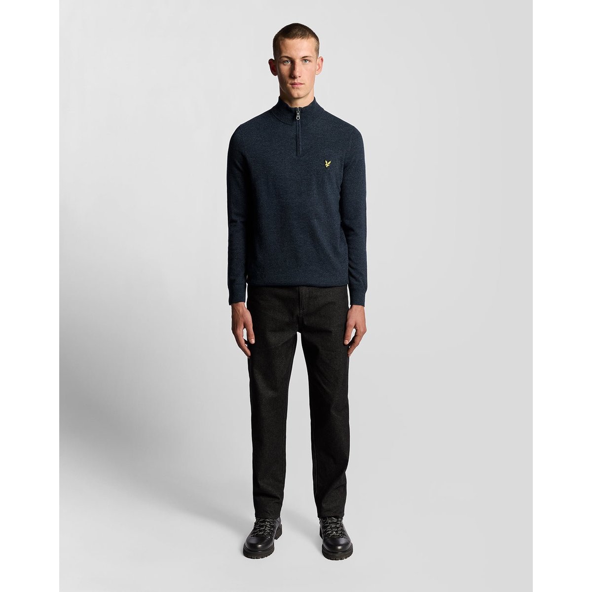 Pull camionneur en mélange de laine zippé bleu foncé marine chiné, LYLE & SCOTT