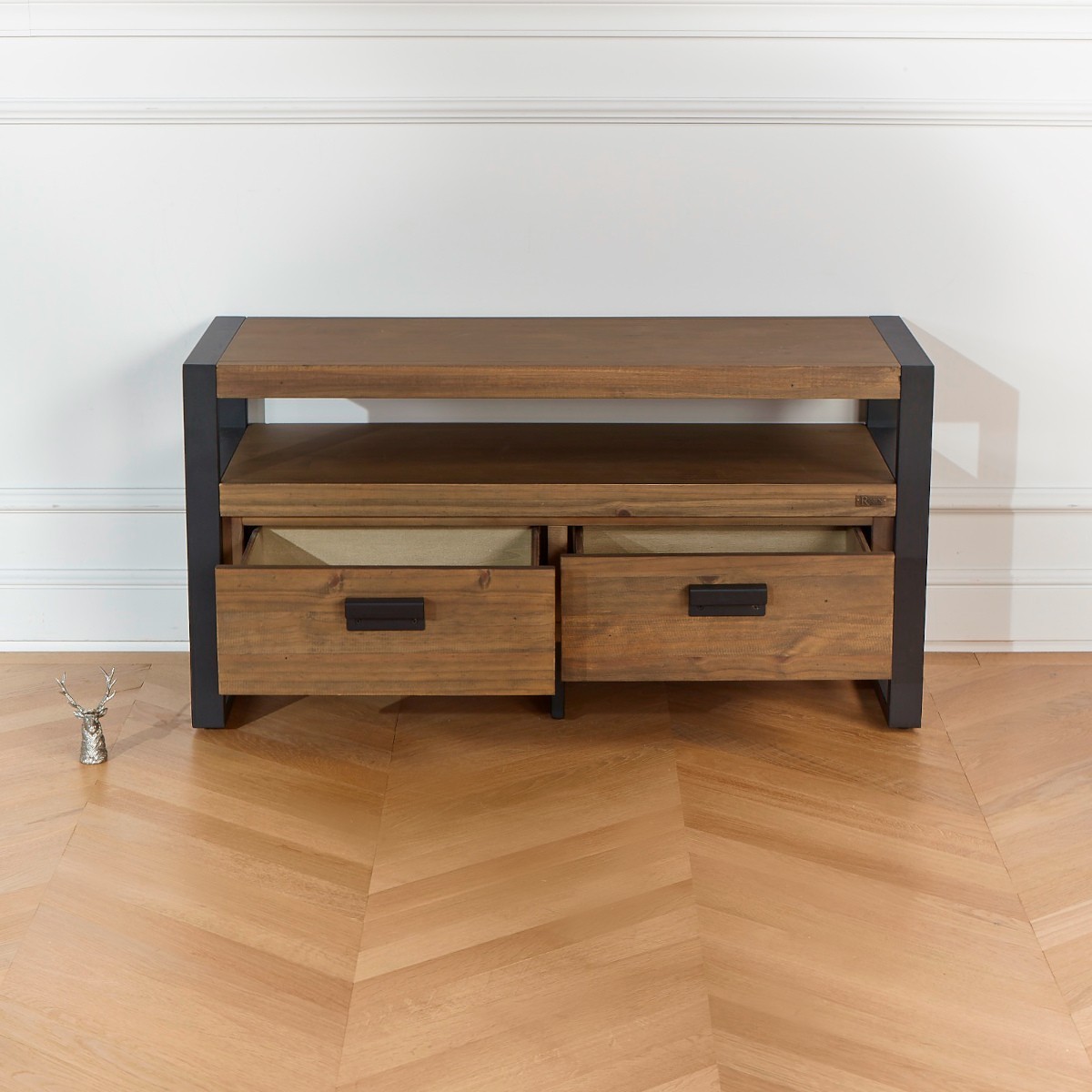 Meuble tv style contemporain en pin et métal, 2 tiroirs JACK marron, ROBIN DES BOIS