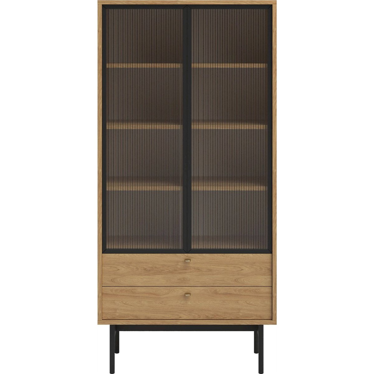 Vitrine haute bois et verre strié OLAR hickory naturel, noir et doré, RECOLLECTION