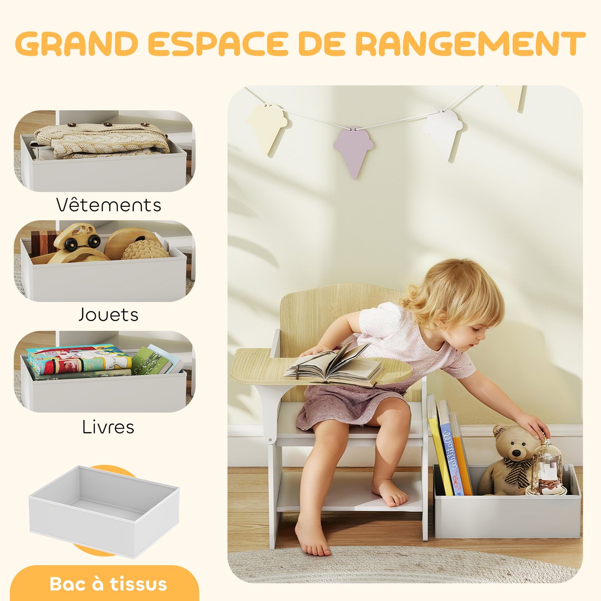 Ensemble table et chaises pour enfants MDF blanc, bois clair, AIYAPLAY