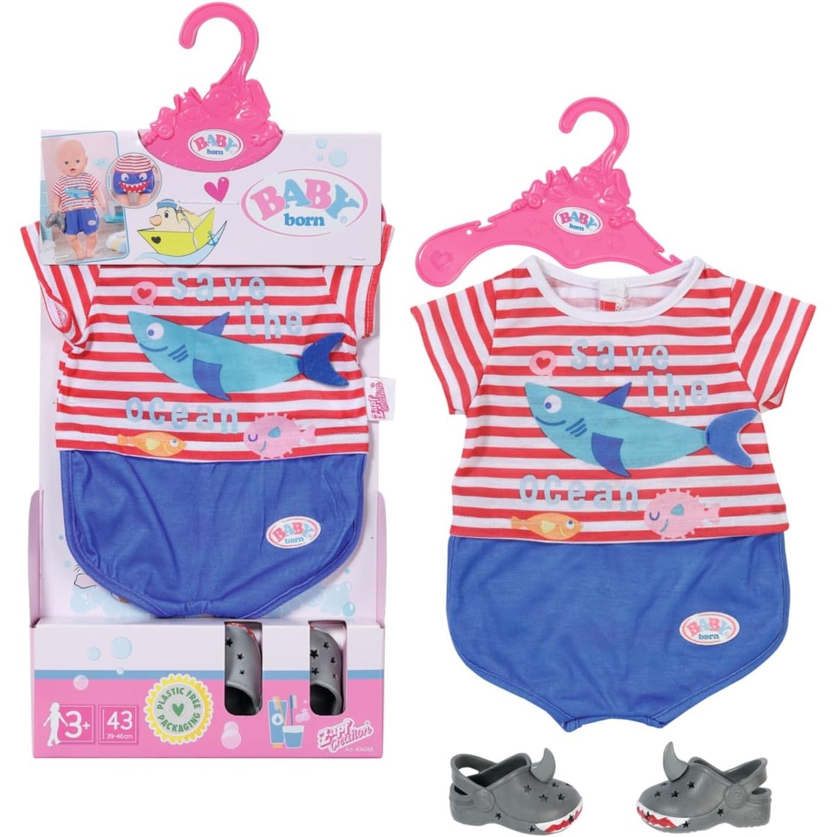 Pyjama motif requin & des pantoufles assorties rouge et bleu, ZAPF CREATION