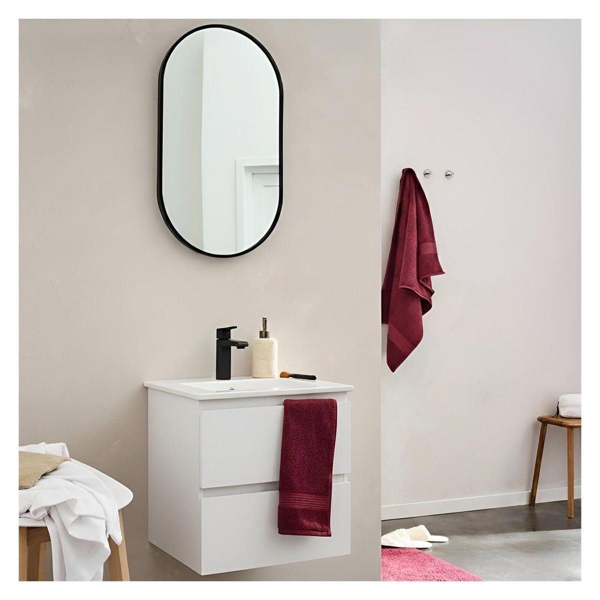 Meuble vasque 45cm et robinet noir SORRENTO blanc satiné, MOB IN