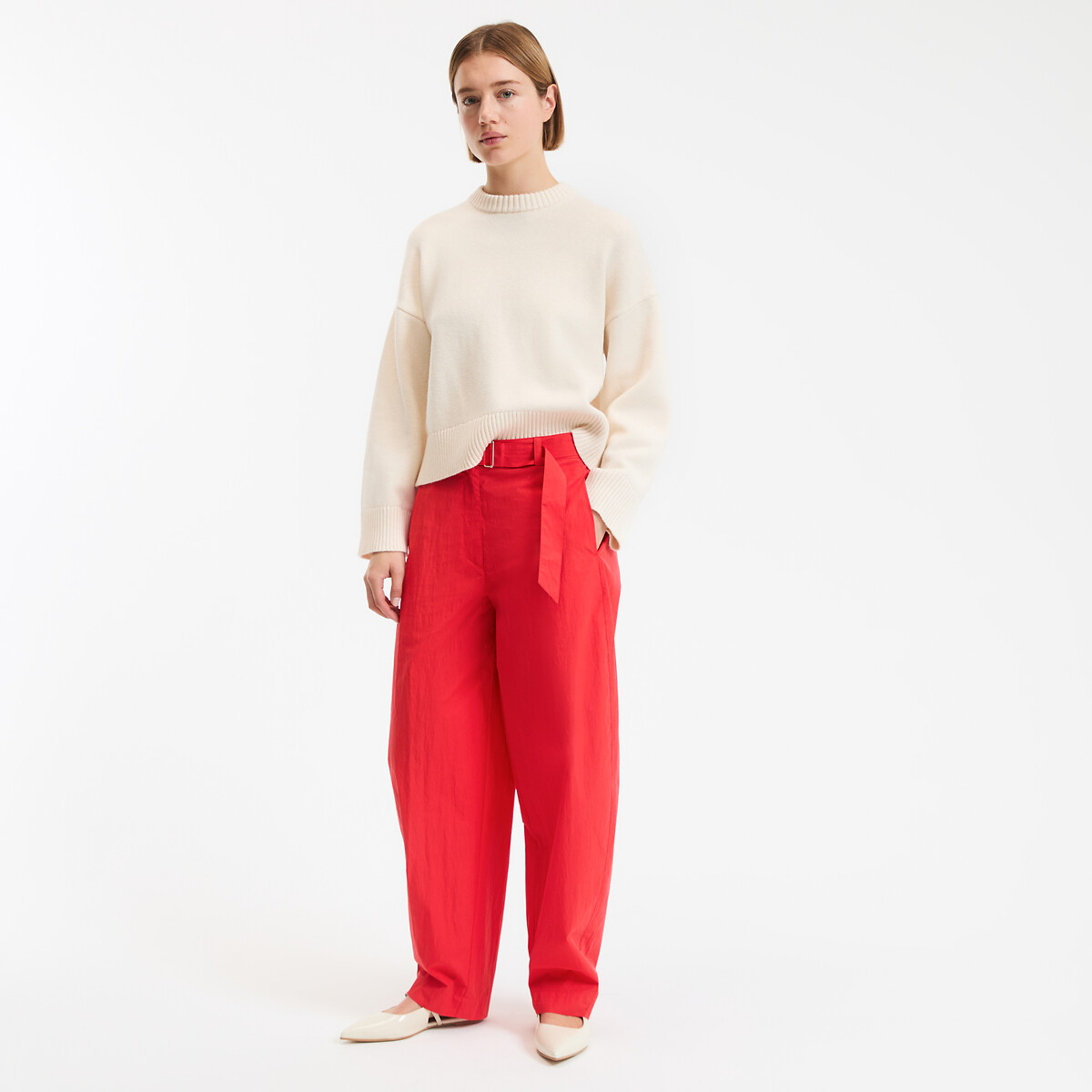 Pantalon large, coupe barrel, avec ceinture  rouge, LA REDOUTE COLLECTIONS