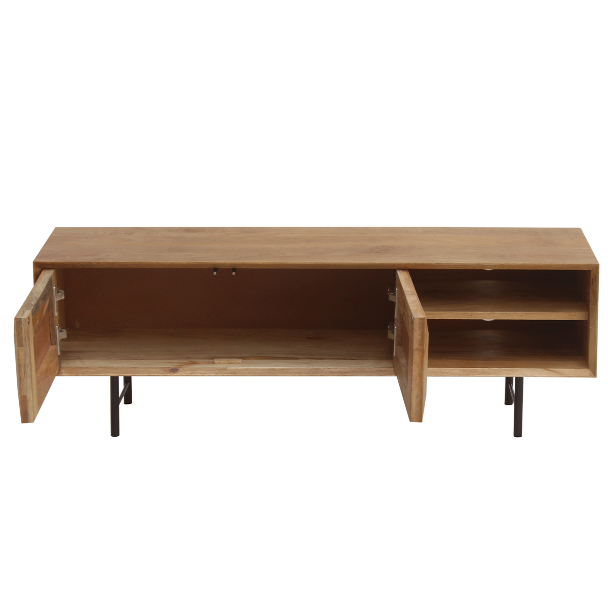 Meuble TV en bois clair manguier massif gravé et métal noir L120 cm AGRA chêne clair, MILIBOO