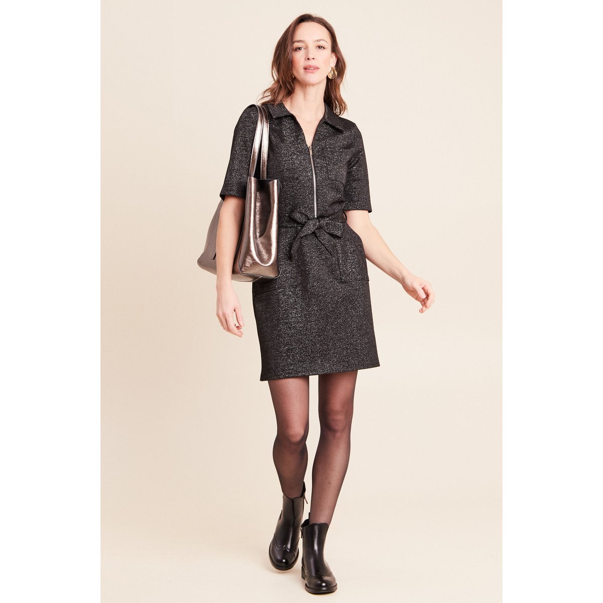 Robe à paillettes avec ceinture intégrée noir, BREAL