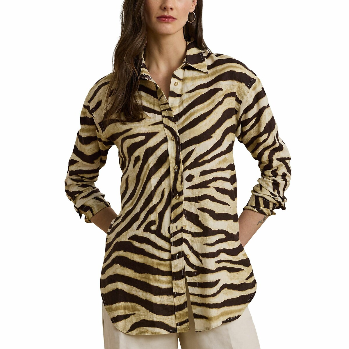 Chemise imprimée à manches longues, en lin beige/marron, LAUREN RALPH LAUREN