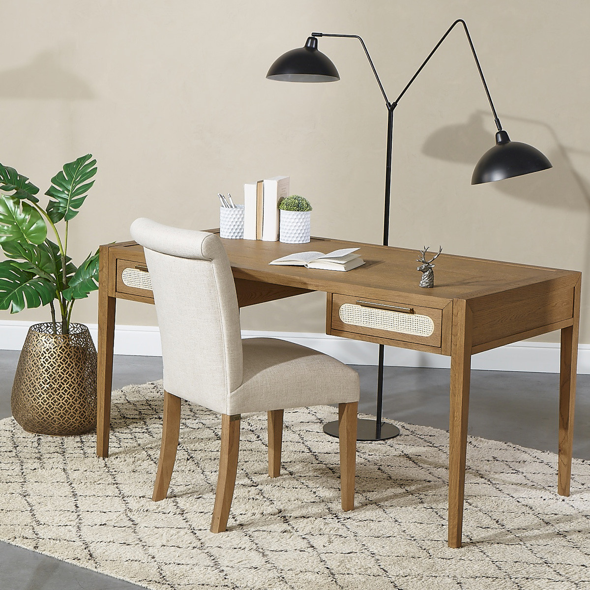 Bureau style contemporain en chêne et cannage, 2 tiroirs MONTANA marron, ROBIN DES BOIS