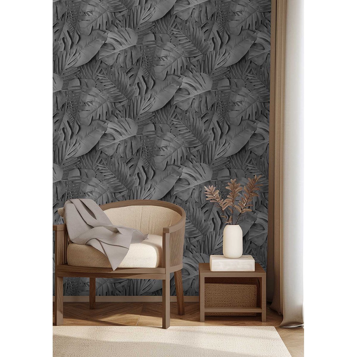 Papier peint feuillage tropical noir et blanc noir, HEXOA