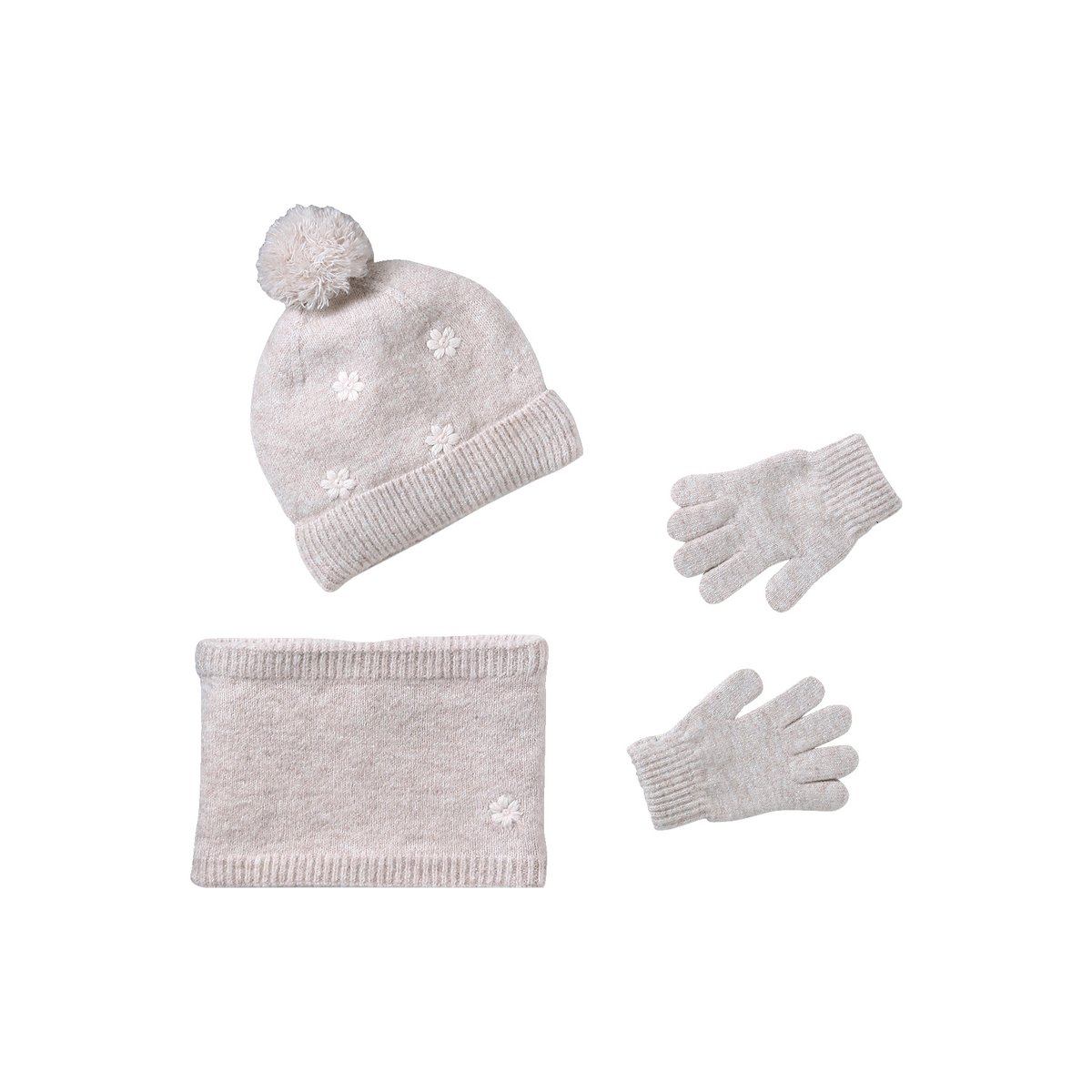 Ensemble tricot bonnet, snood et gants sable, VERTBAUDET