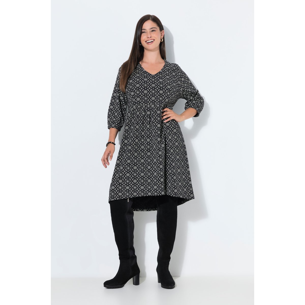 Robe avec imprimé, coupe évasée noir, ULLA POPKEN