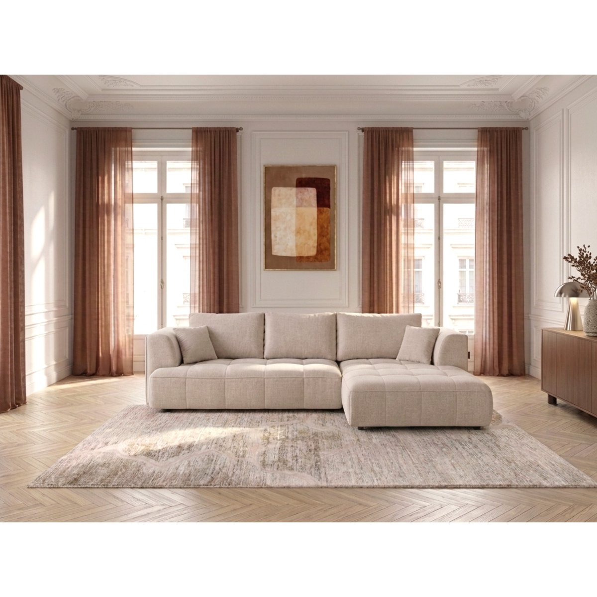 Canapé droit convertible 3 places en tissu lisse, CLOVIS beige, BOBOCHIC