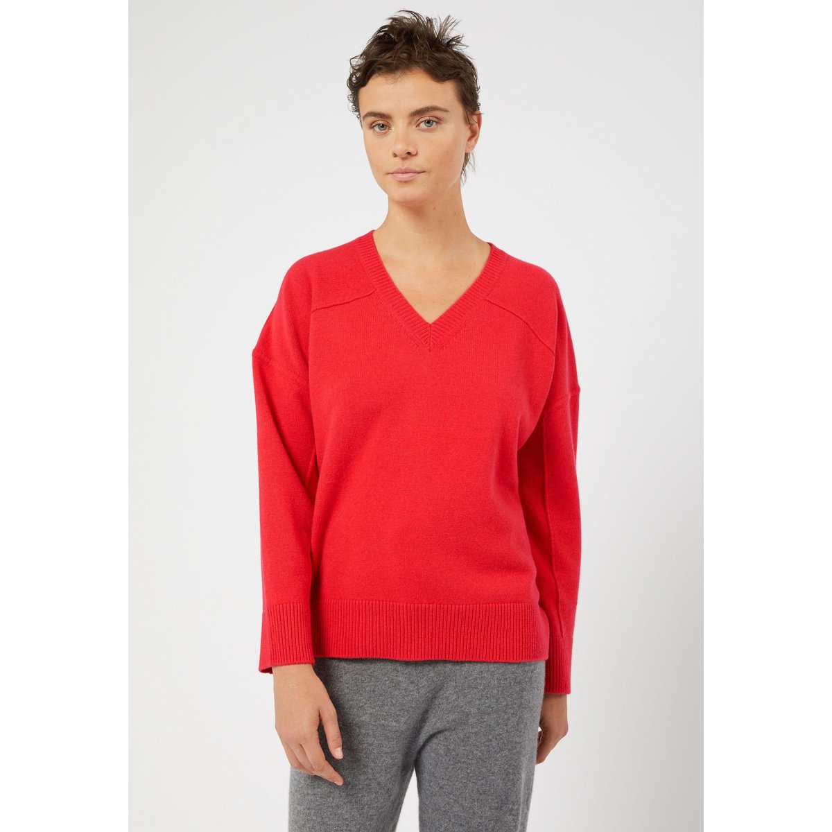 Pull col V oversize en cachemire 4 fils orange corail, RODIER