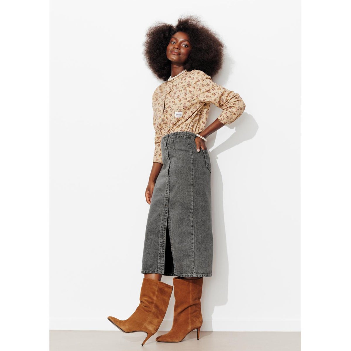 Jupe midi en jean jeans gris, PROMOD
