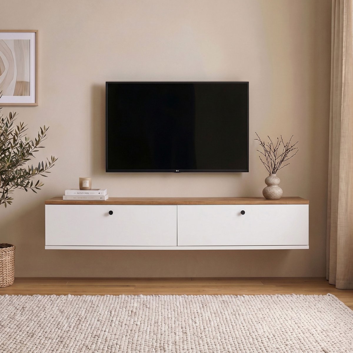 Meuble tv suspendu 2 portes plateau bois foncé L160cm- YARA blanc, DRAWER