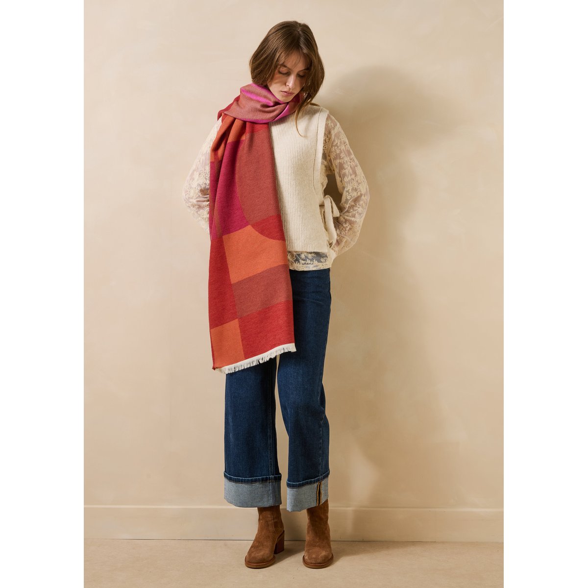 Écharpe en laine à motifs bourgogne, LA FEE MARABOUTEE