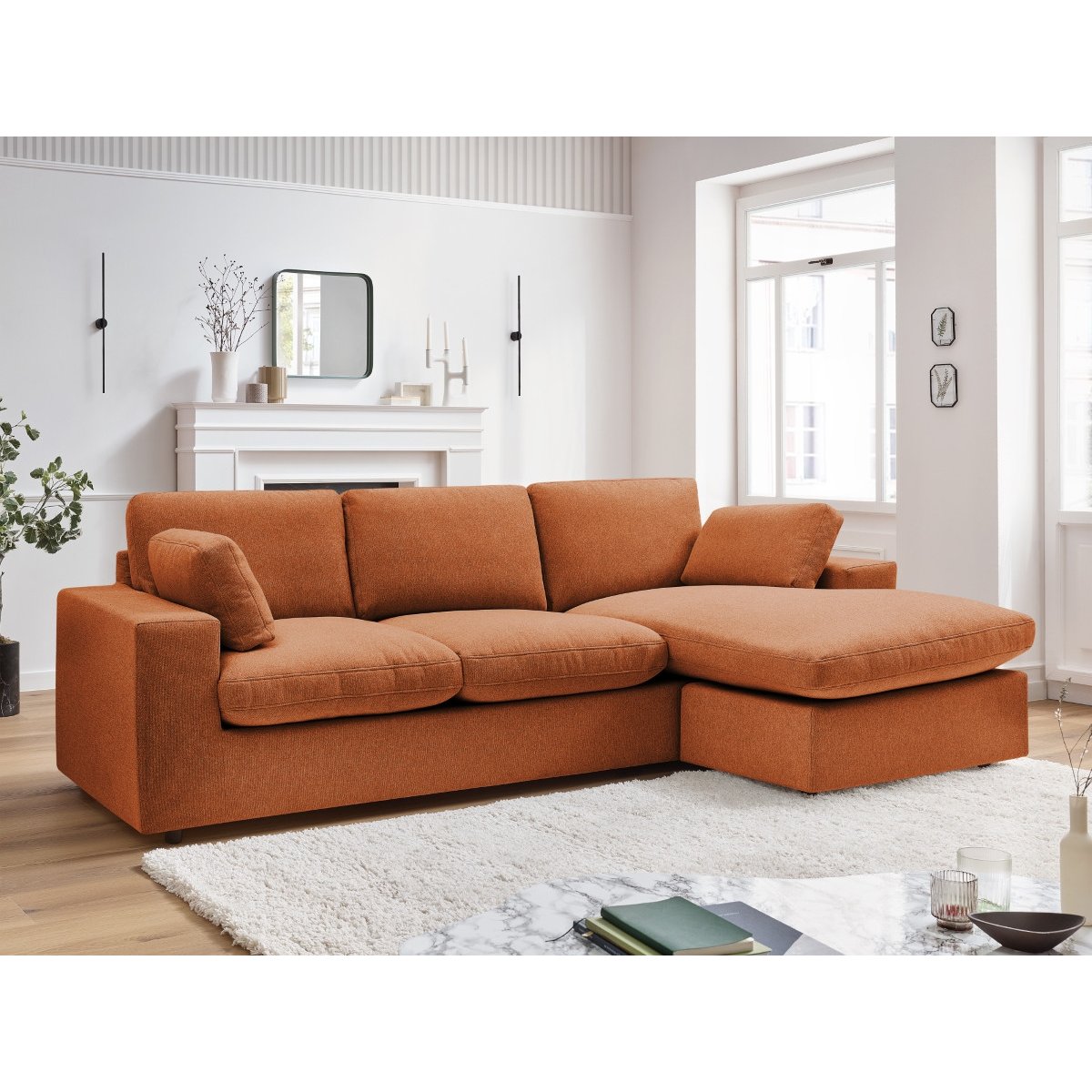 Canapé d'angle fixe 3 places en tissu, BELAIR orange, BOBOCHIC
