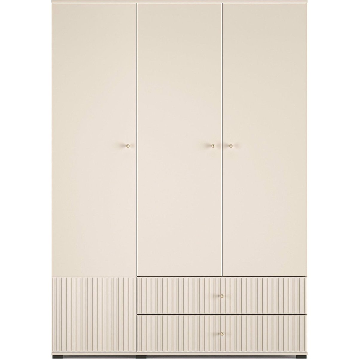 Armoire 3 portes 2 tiroirs à lamelles beige cachemire et poignées dorées, RECOLLECTION