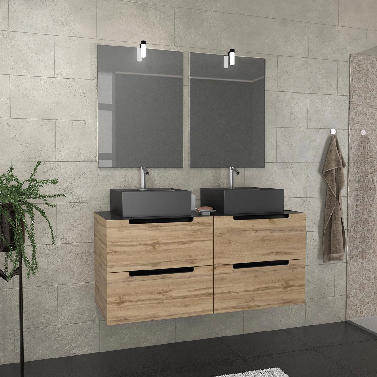 Ensemble de salle de bains avec 2 vasques et miroirs rectangulaires à led naturel, HOME MAISON