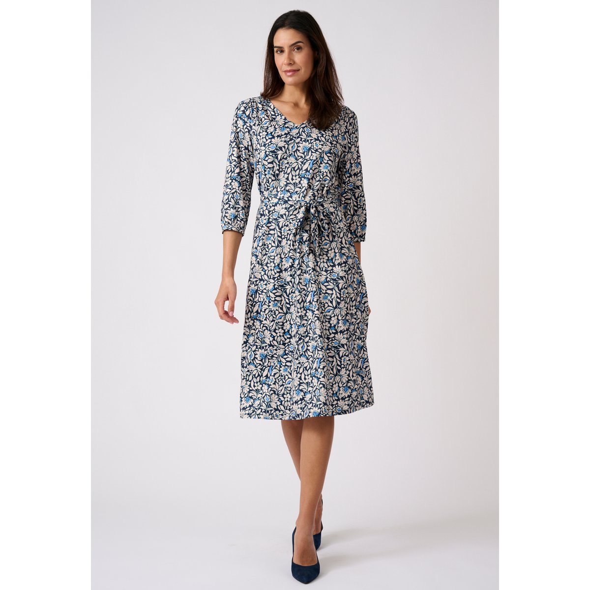 Robe maille crêpe stretch bleu fleuri, DAMART