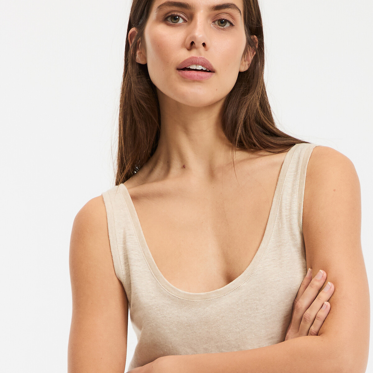 Linen crew neck vest top ivory, LA REDOUTE COLLECTIONS