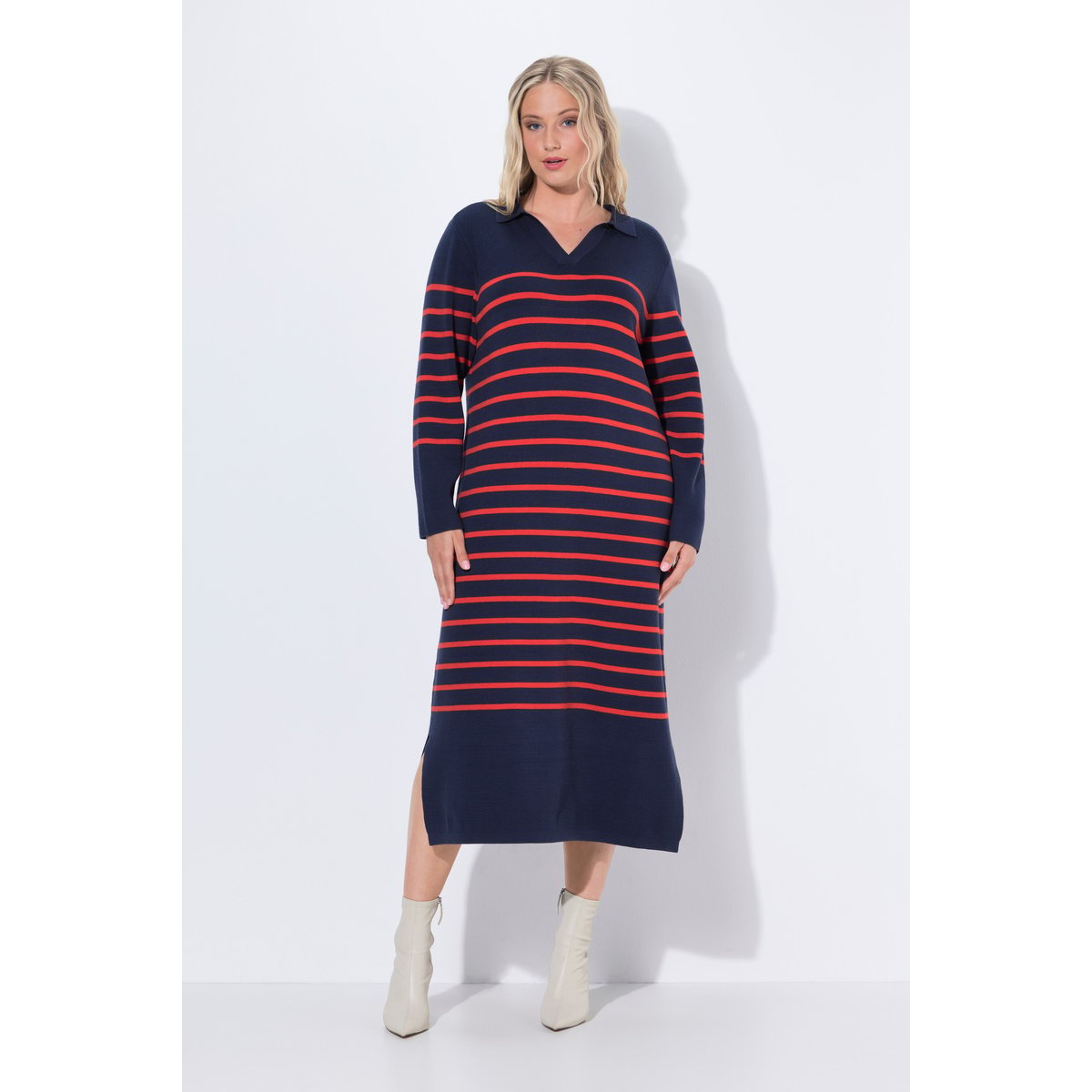Robe midi en maille, col et encolure en V marine, ULLA POPKEN