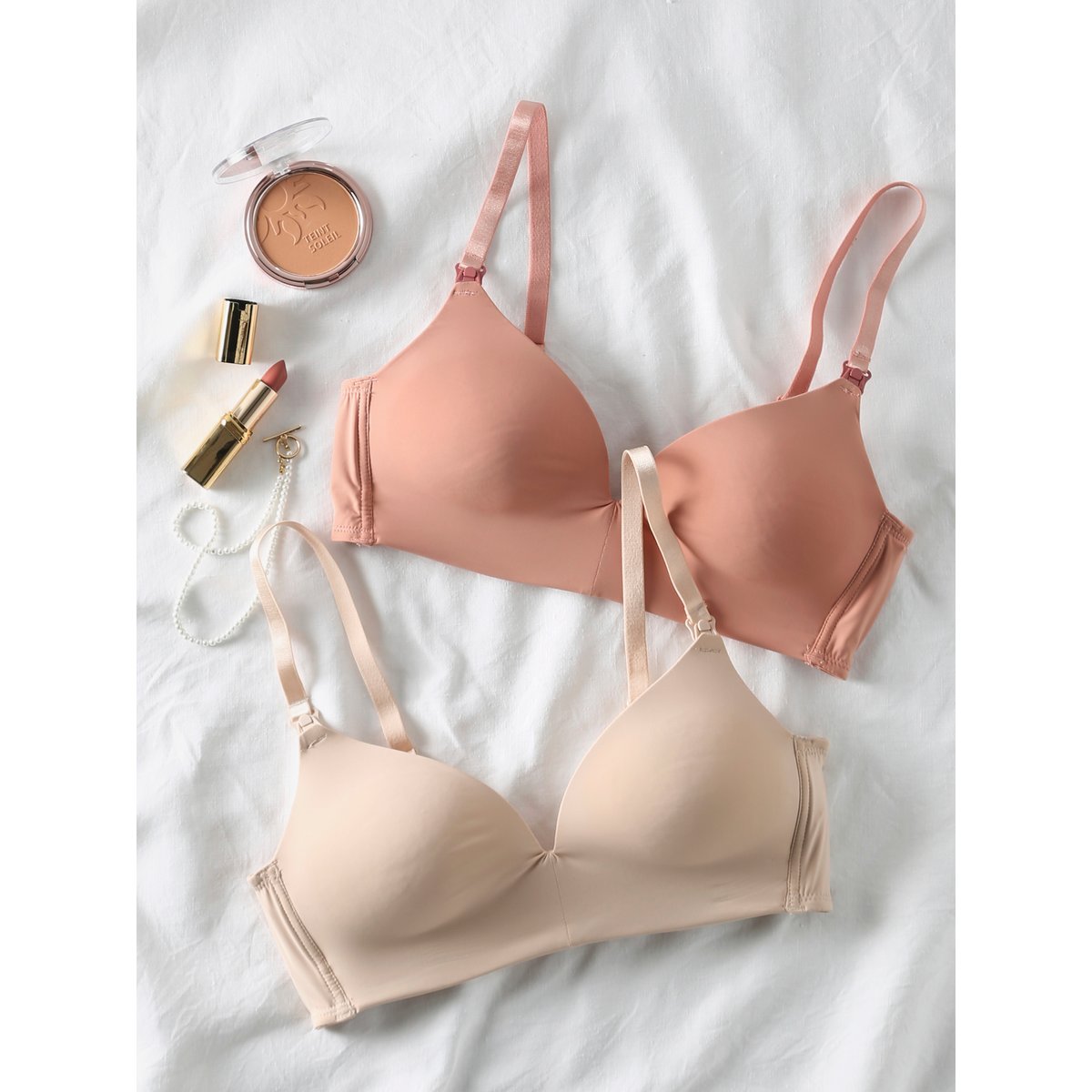 Lot de 2 soutiens-gorge grossesse et allaitement en microfibre et dentelle beige, ENVIE DE FRAISE