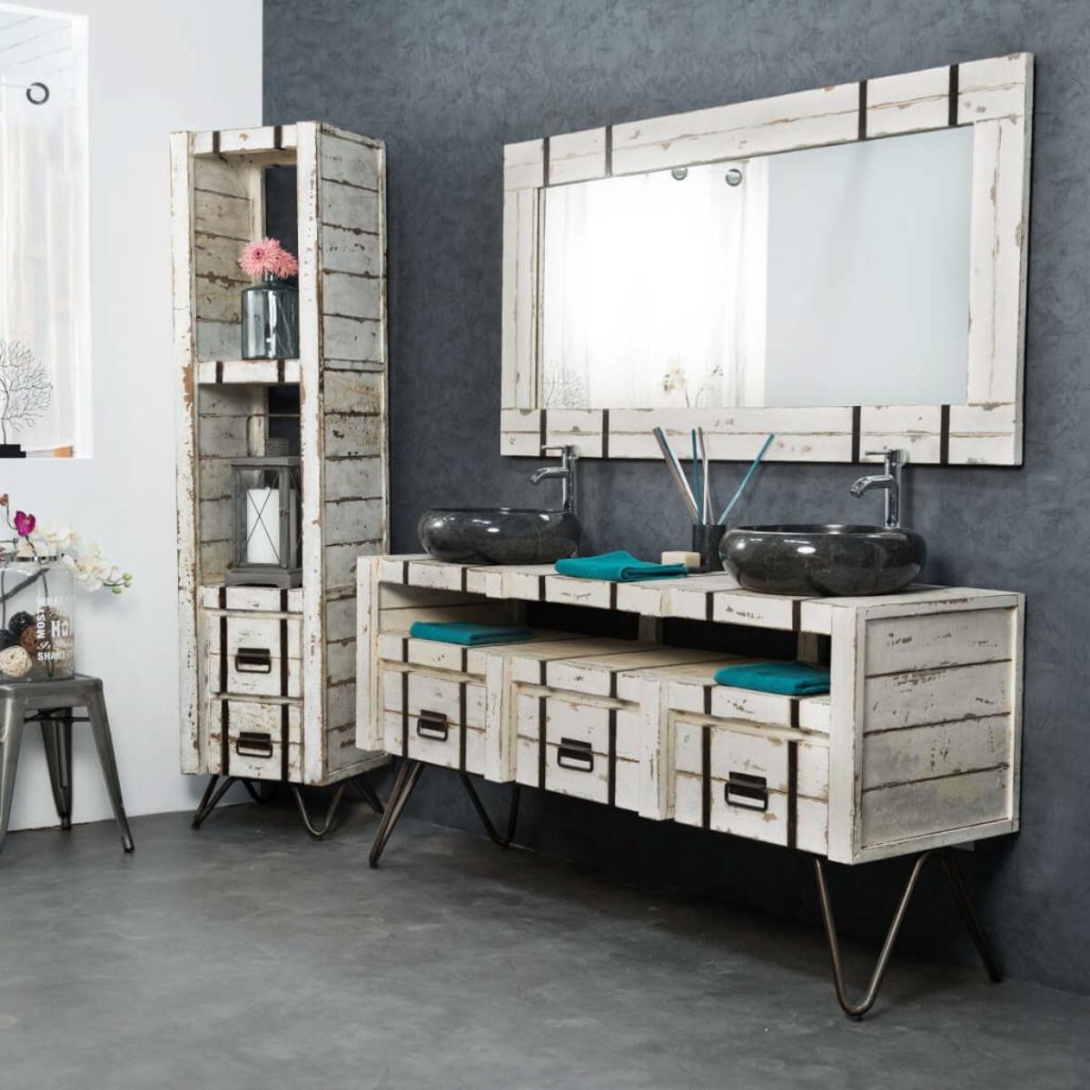 Meuble mindi et métal rectangle double sous vasque 160 LOFT blanc, WANDA COLLECTION