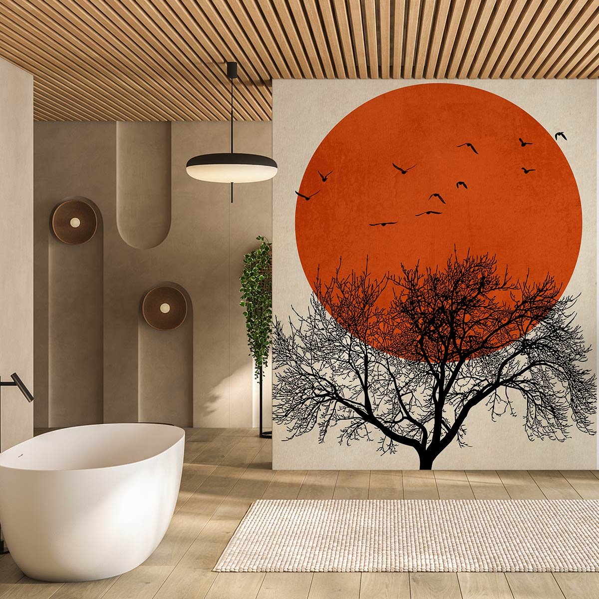 Papier peint graphique soleil rouge intissé, HEXOA