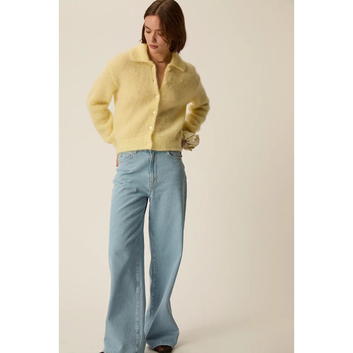 Cardigan con collo a polo e bottoni, ALPOLO giallo, DES PETITS HAUTS